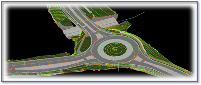 "A digital engineering rendering of a roundabout design shown from an overhead perspective. The image displays multiple roadways connecting to a circular central island with contour lines, lane markings, and curbs. Surrounding areas include graded slopes, outlined terrain features, and site elements marked with colored lines on a black background."